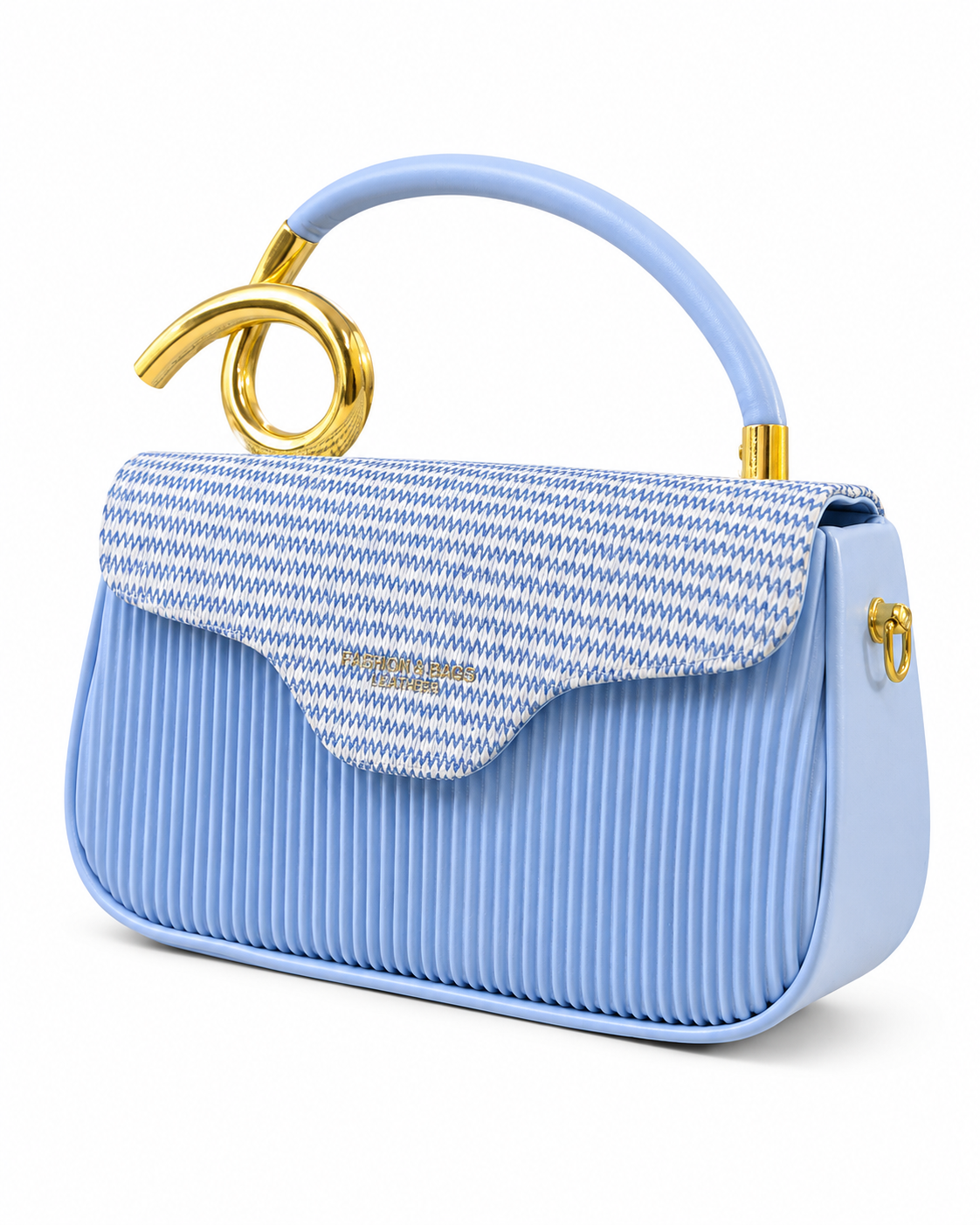 Light Blue Pleated Handbag with Patterned Flap