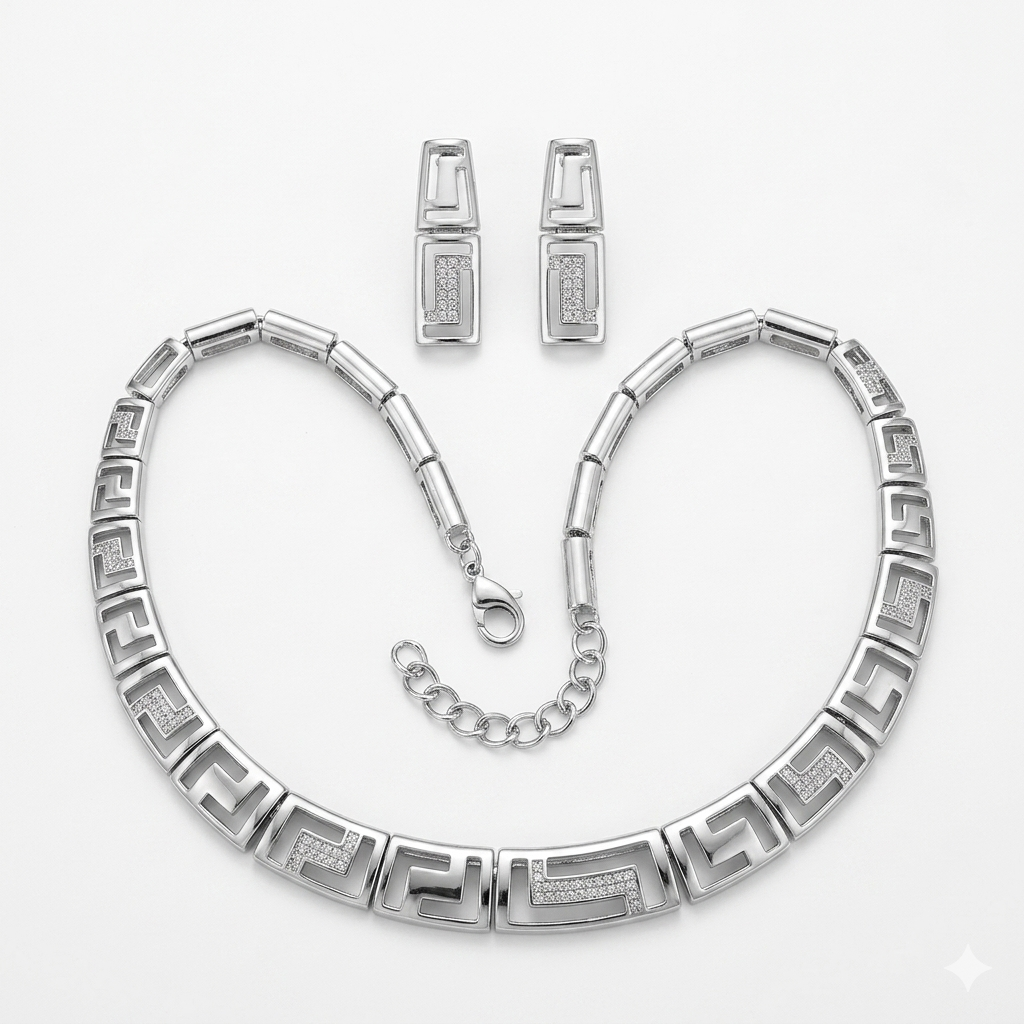 Modern Geometric Greek Key Silver-Tone Jewelry Set