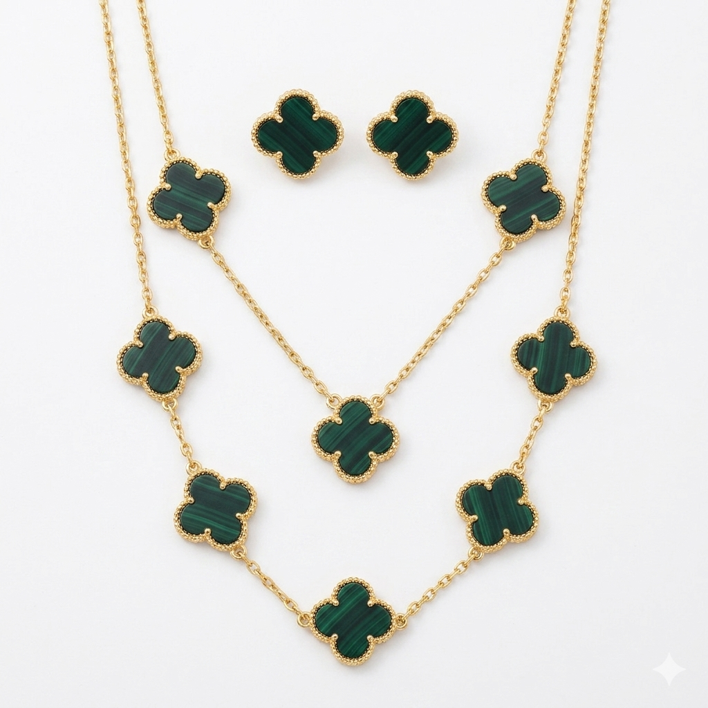 Elegant Malachite Green Four-Leaf Clover Jewelry Set