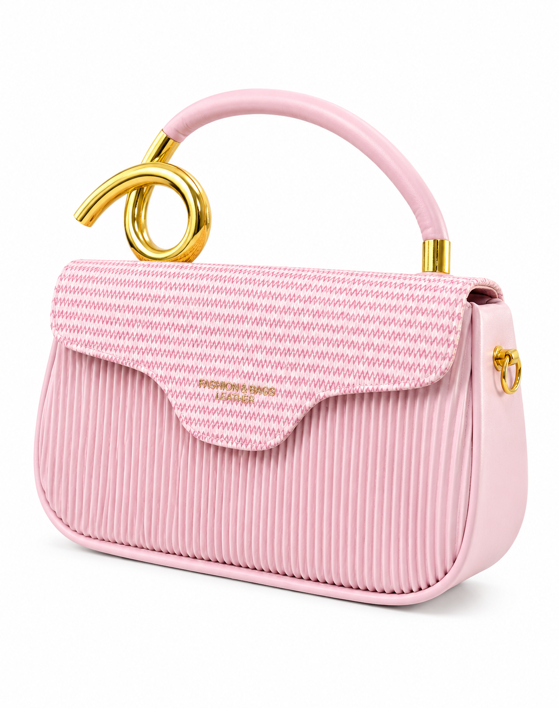 Light Pink Pleated Handbag with Patterned Flap