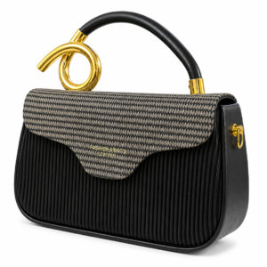 Black Pleated Handbag with Patterned Flap