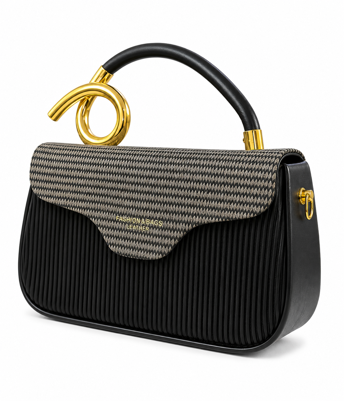 Black Pleated Handbag with Patterned Flap