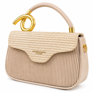 Beige Pleated Handbag with Woven Flap